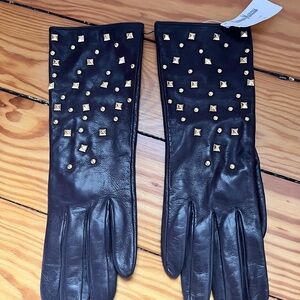 Neiman Marcus Black Leather Gloves with Gold Accents